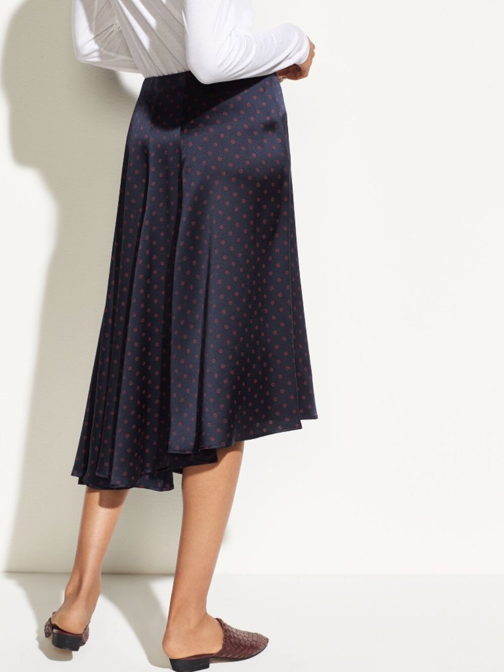 Vince Leaf Foulard 100% Silk Satin Asymmetric Midi Skirt Navy Blue XS M $325 - Picture 2 of 14